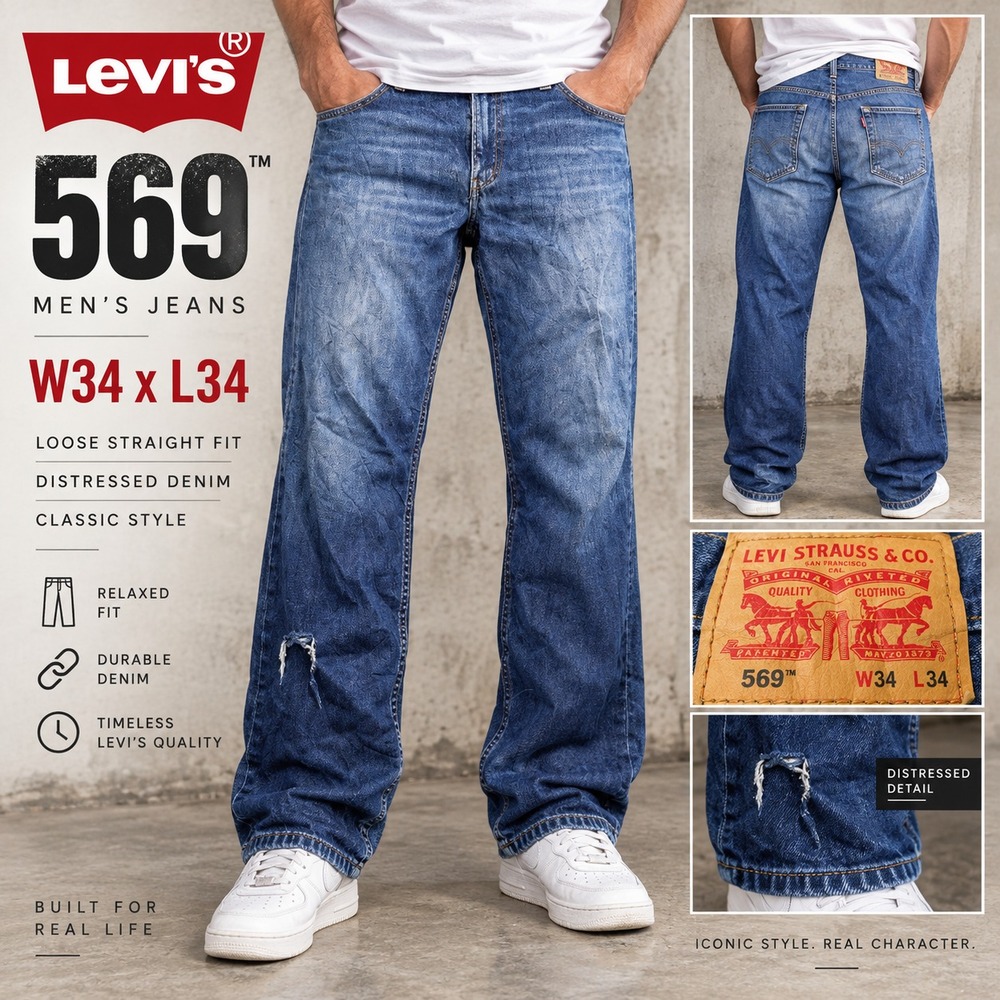 Levi's 569 Men W34 L34 Blue Loose Straight Baggy Jeans Distressed Faded Skater